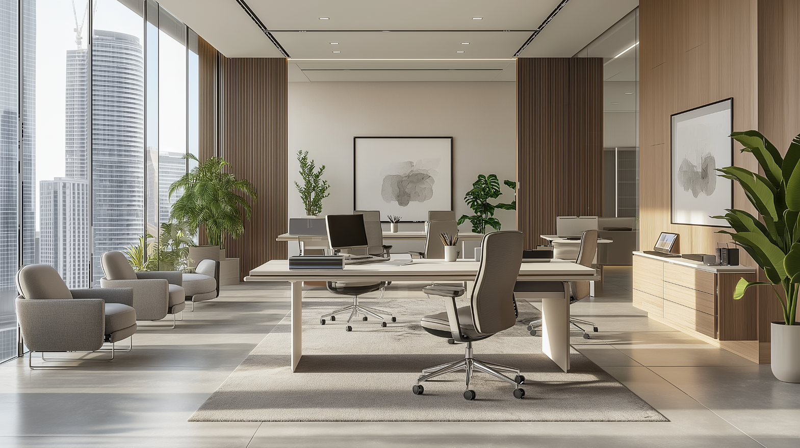 Modern office interior design with natural elements by Kate Interiors Dubai