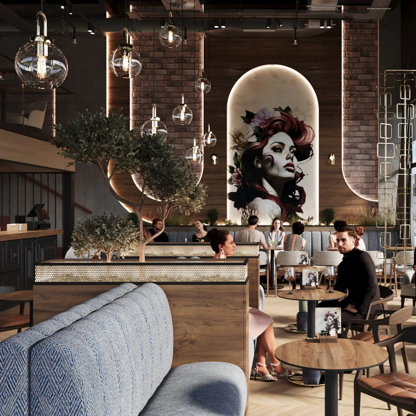 Nobles restaurant Luxury interior of Nobles Restaurant with high ceiling, large windows, arched feature wall, hanging lights and a mix of lounge seating and dining tables in warm tones.