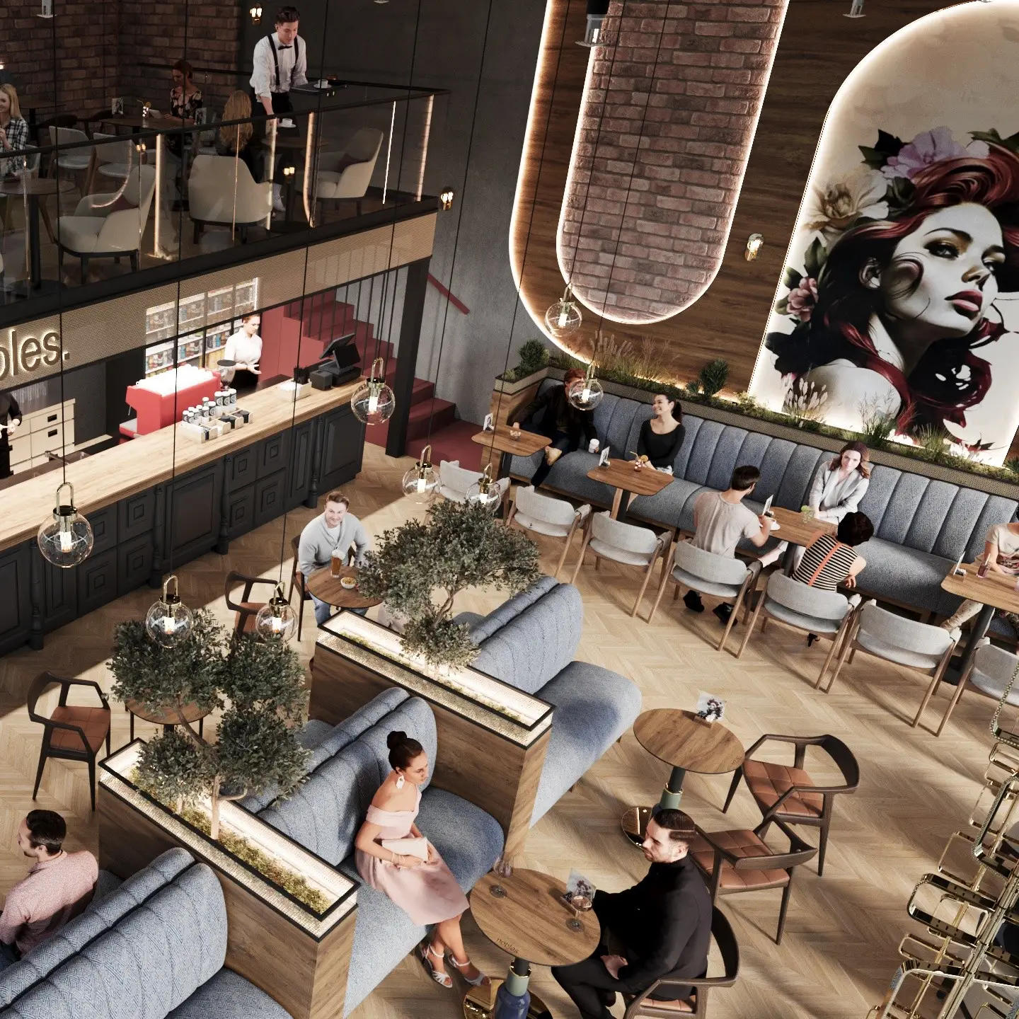 Nobles restaurant Luxury interior of Nobles Restaurant with high ceiling, large windows, arched feature wall, hanging lights and a mix of lounge seating and dining tables in warm tones.