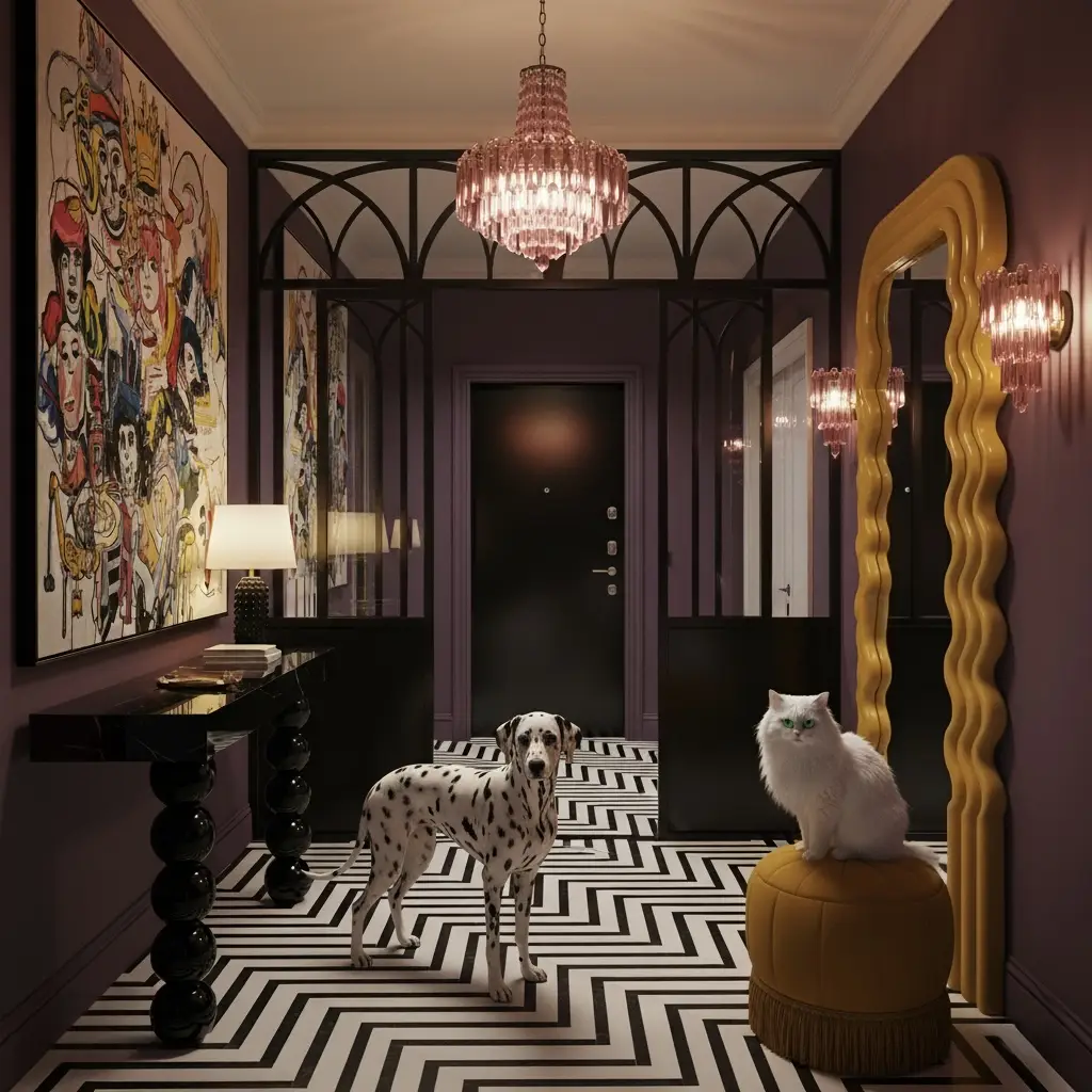 Paris Inspired Interior Design – Luxury Apartment Dubai Downtown Dubai Downtown apartment interior with Parisian chic design and bold accent wall. hallway