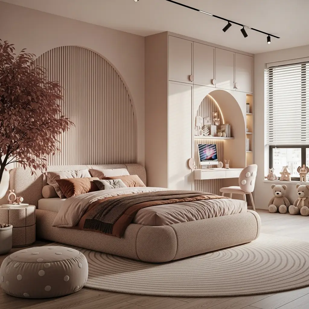 Luxury Girl Bedroom Dubai Project Luxury girl bedroom interior design in Dubai featuring pastel tones and modern arches.