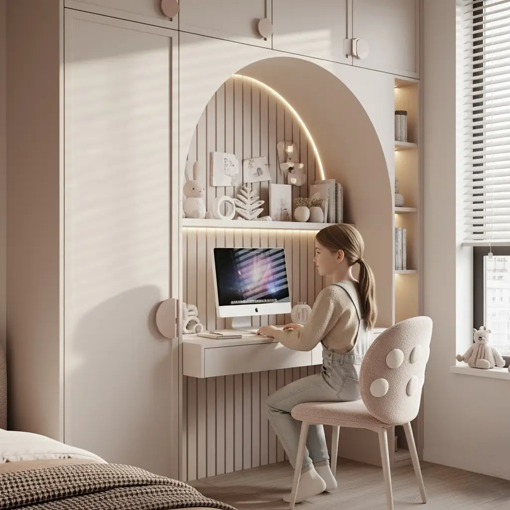 Luxury Girl Bedroom Dubai Project Luxury girl bedroom interior design in Dubai featuring pastel tones and modern arches.