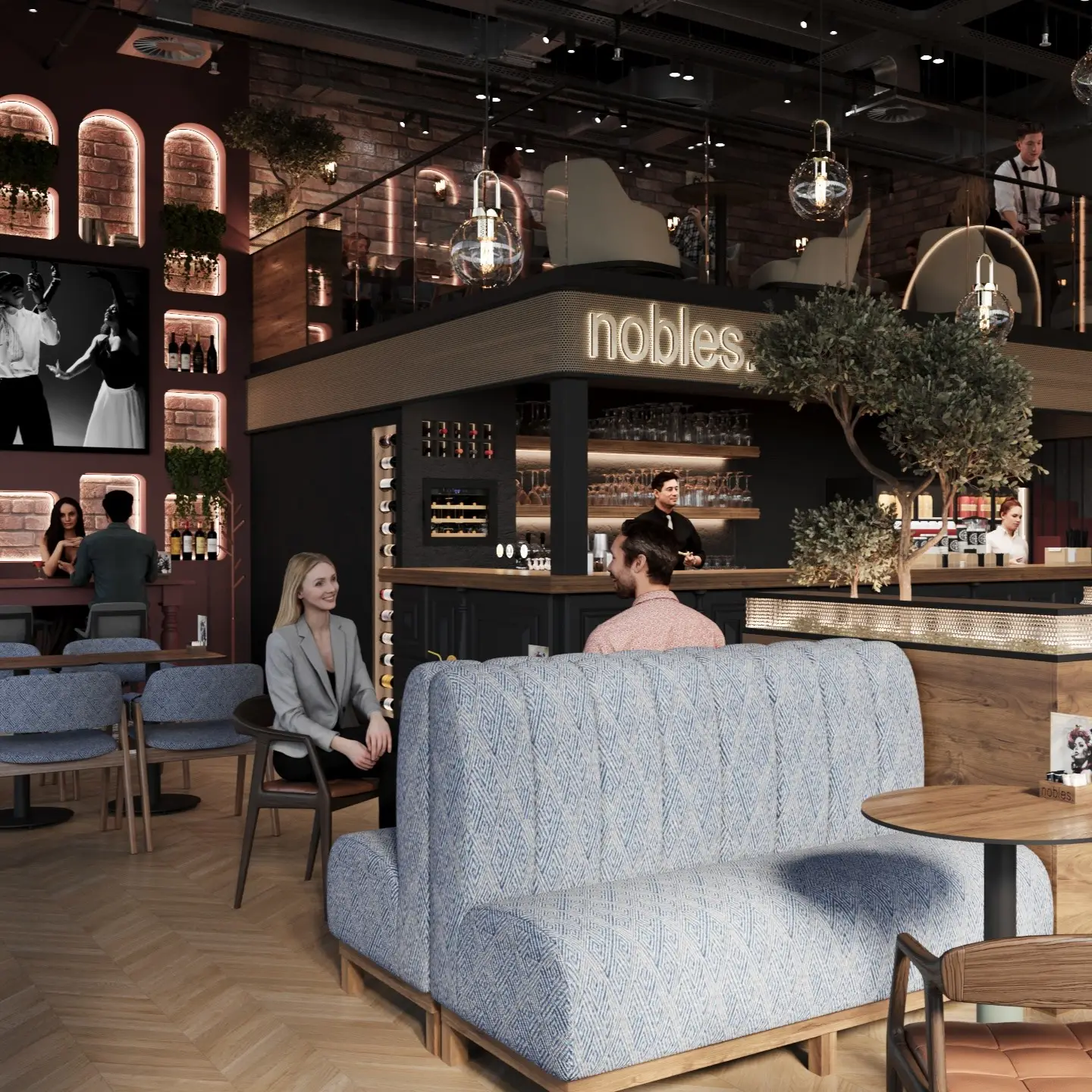 Nobles restaurant Luxury interior of Nobles Restaurant with high ceiling, large windows, arched feature wall, hanging lights and a mix of lounge seating and dining tables in warm tones.