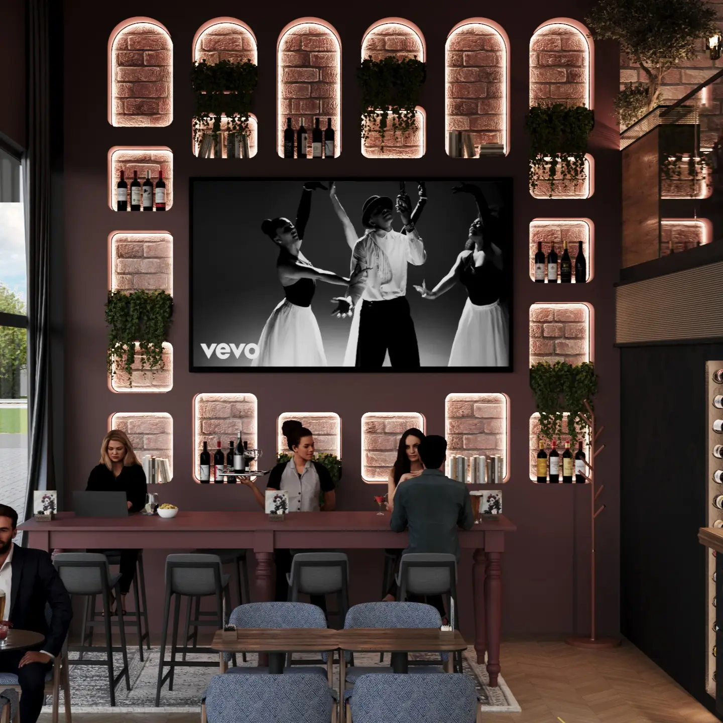 Nobles restaurant Luxury interior of Nobles Restaurant with high ceiling, large windows, arched feature wall, hanging lights and a mix of lounge seating and dining tables in warm tones.