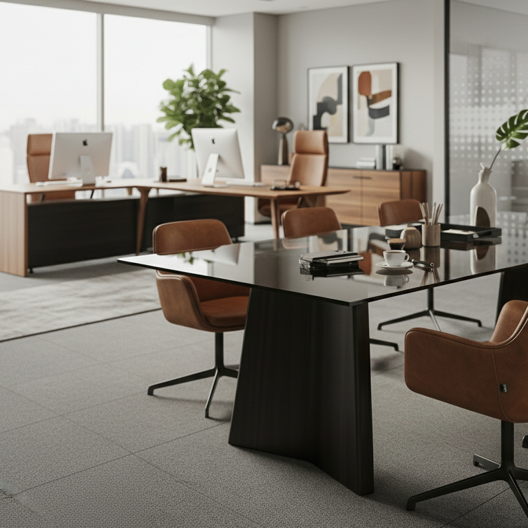Luxury Office Interior Design – Kate Interiors Dubai Modern luxury office interior in Dubai Internet City with open workspace, warm neutral palette, contemporary desks and lounge seating, layered textures and soft lighting.
