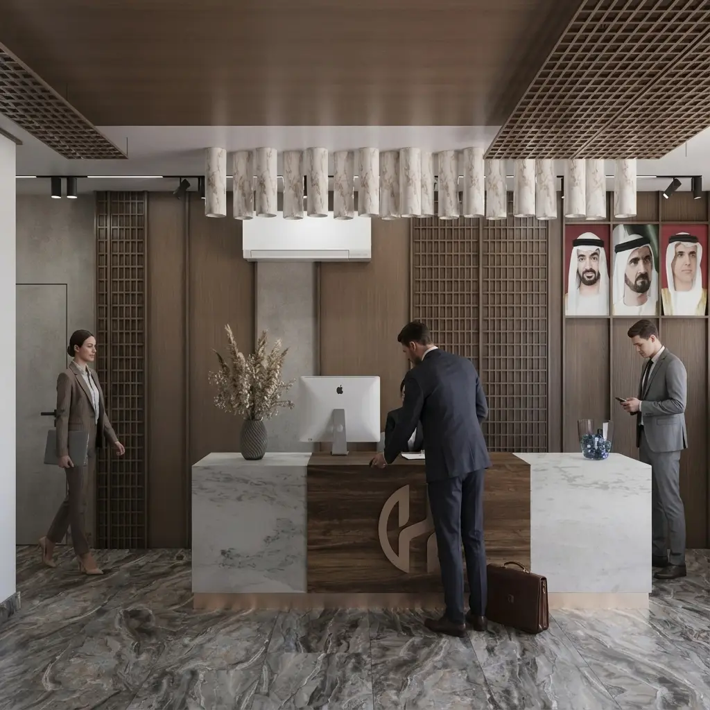 Representative corporate lobby in Ras Al Khaimah – clean design, clear spatial organization and discreet material luxury. Modern corporate lobby in Ras Al Khaimah with a stone reception desk, wooden ceiling with linear lighting and a warm neutral palette.
