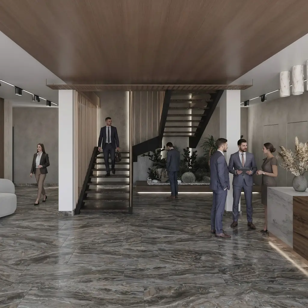 Representative corporate lobby in Ras Al Khaimah – clean design, clear spatial organization and discreet material luxury. Modern corporate lobby in Ras Al Khaimah with a stone reception desk, wooden ceiling with linear lighting and a warm neutral palette.