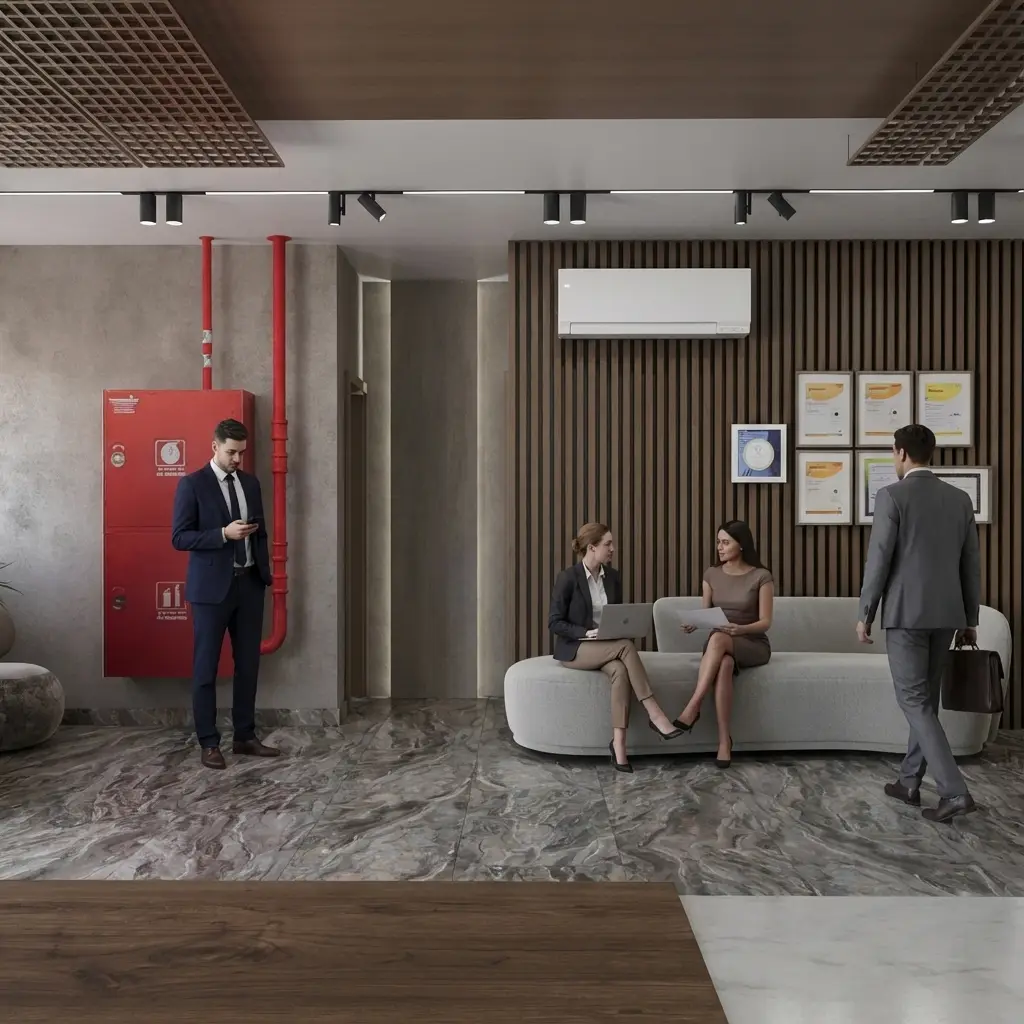 Representative corporate lobby in Ras Al Khaimah – clean design, clear spatial organization and discreet material luxury. Modern corporate lobby in Ras Al Khaimah with a stone reception desk, wooden ceiling with linear lighting and a warm neutral palette.