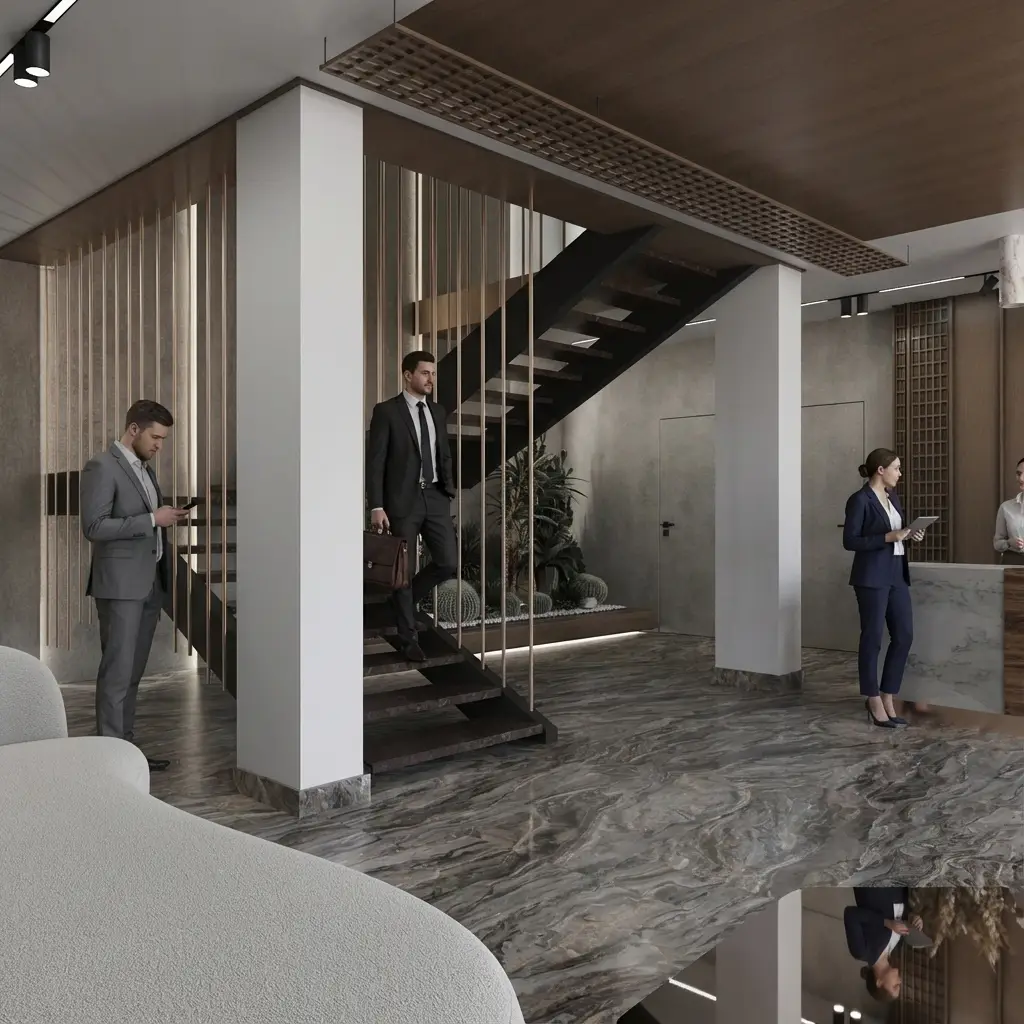 Representative corporate lobby in Ras Al Khaimah – clean design, clear spatial organization and discreet material luxury. Representative corporate lobby in Ras Al Khaimah – clean design, clear spatial organization and discreet material luxury.