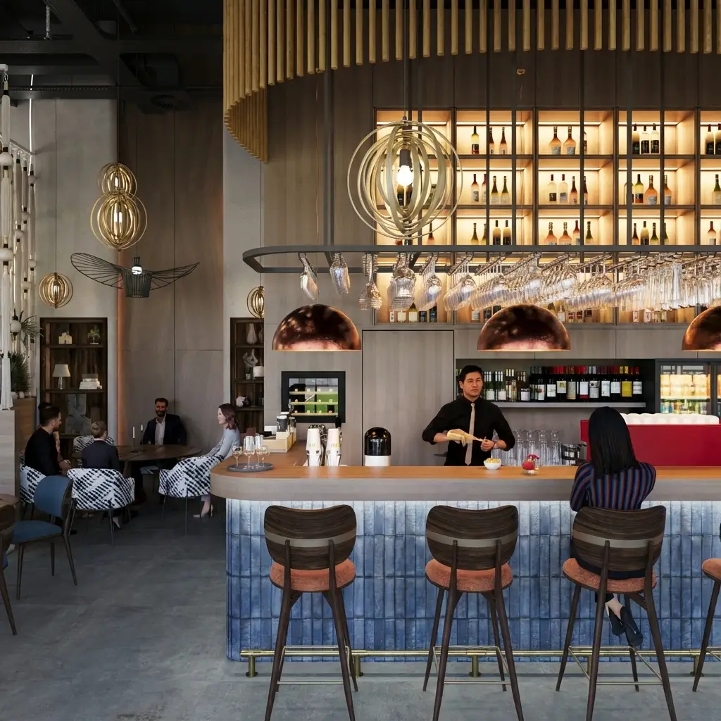 Magdalena Restaurant Contemporary interior of Magdalena Restaurant with a curved wooden ceiling, sculptural lighting, greenery, a long bar counter and high stools in warm tones.