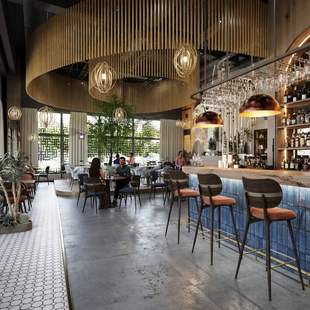Magdalena Restaurant Contemporary interior of Magdalena Restaurant with a curved wooden ceiling, sculptural lighting, greenery, a long bar counter and high stools in warm tones.