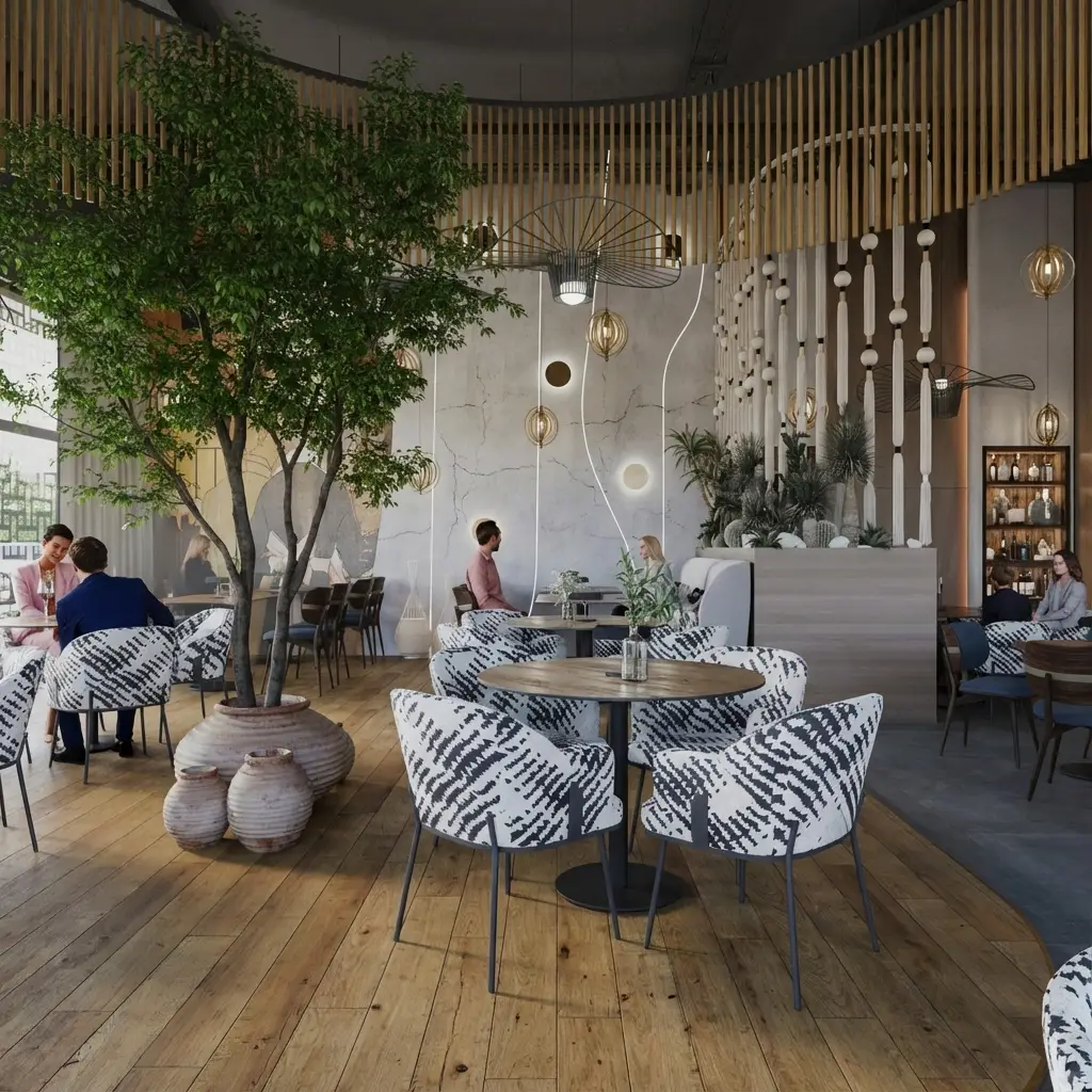 Magdalena Restaurant Contemporary interior of Magdalena Restaurant with a curved wooden ceiling, sculptural lighting, greenery, a long bar counter and high stools in warm tones.