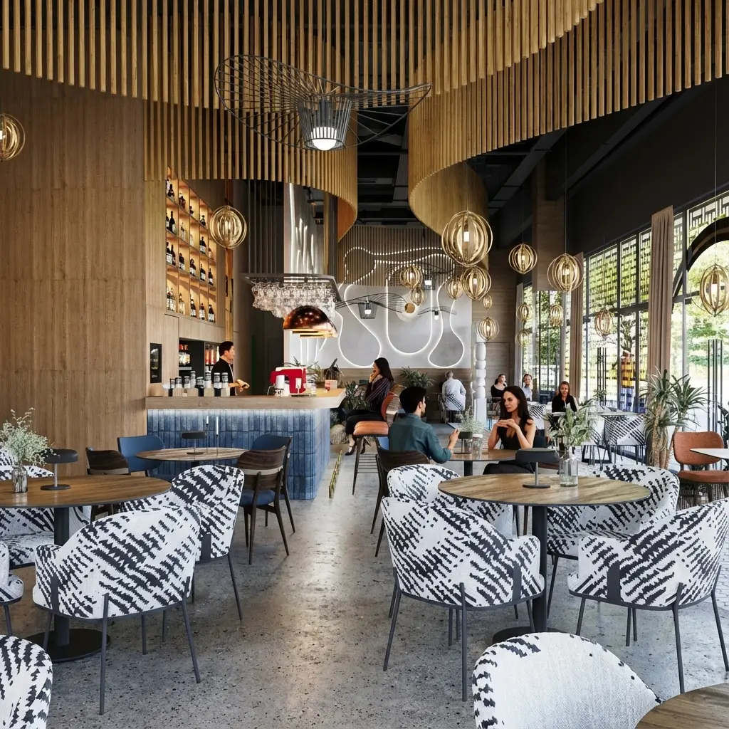 Magdalena Restaurant Contemporary interior of Magdalena Restaurant with a curved wooden ceiling, sculptural lighting, greenery, a long bar counter and high stools in warm tones.