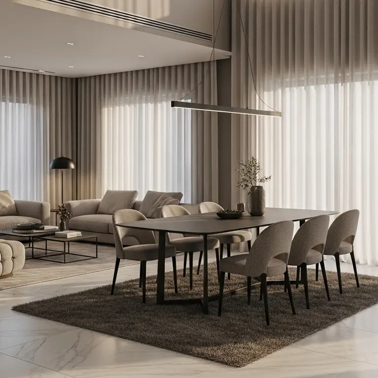 Luxury Villa Riyadh: Modern Dining Room Interior by Kate Interiors Modern Dining Room Interior Design in Riyadh Luxury Villa. Premium interior with large window.