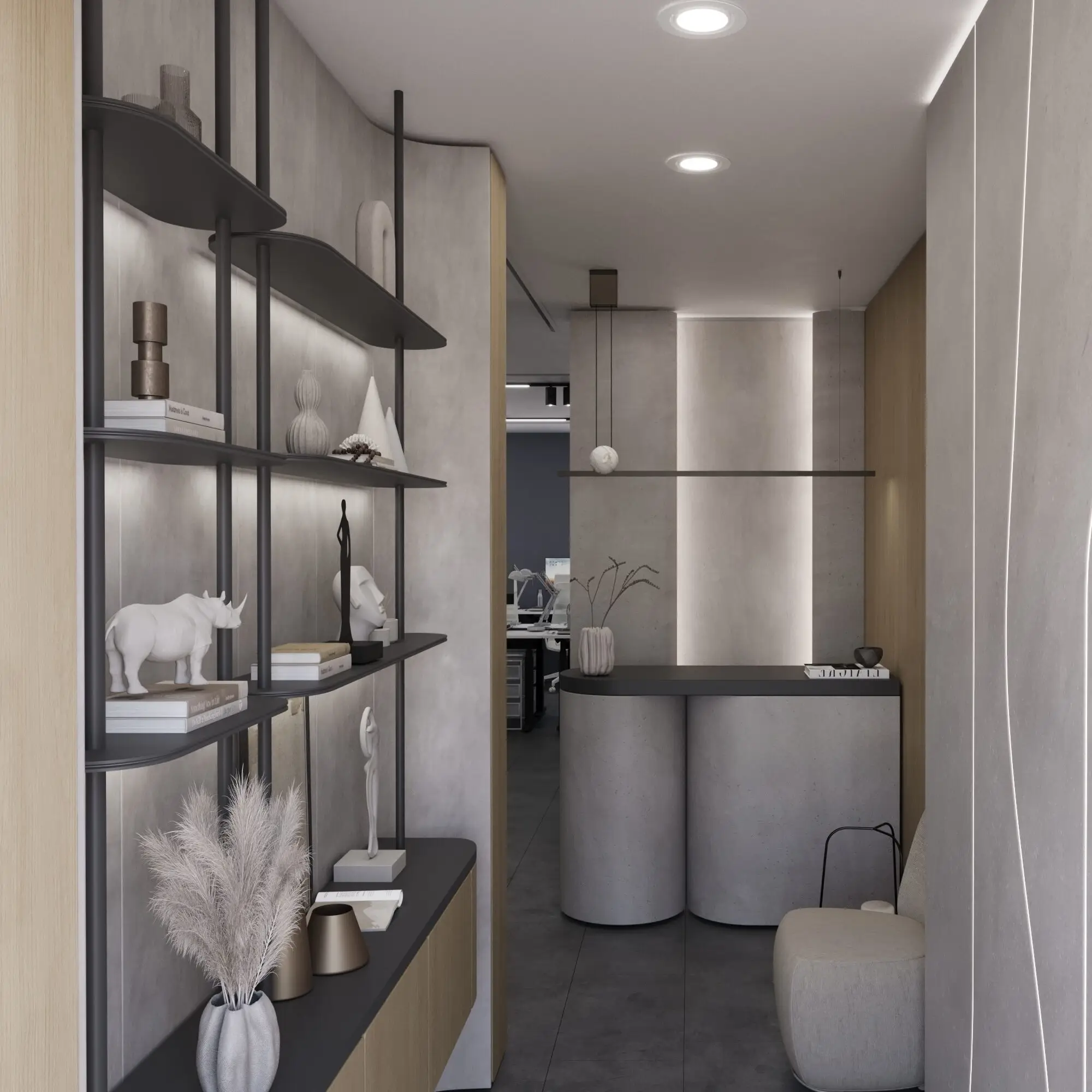 Emircom Bay Square – modern office concept designed for focus, collaboration, and everyday comfort. Contemporary Emircom office interior in Bay Square, Dubai – minimalist yet warm workspace with a neutral palette, rich material textures, glass partitions, and functional open-plan and meeting zones.