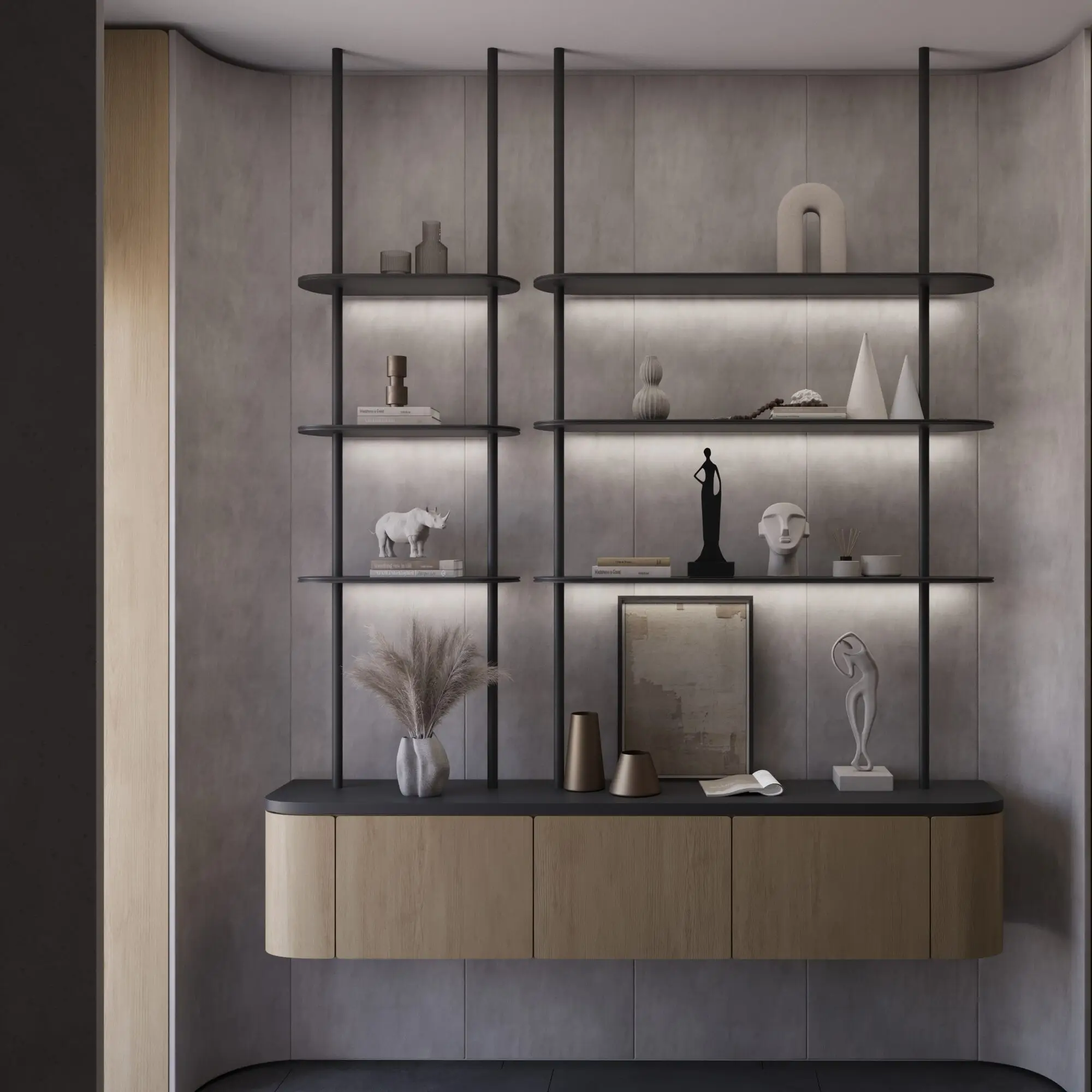 Emircom Bay Square – modern office concept designed for focus, collaboration, and everyday comfort. Contemporary Emircom office interior in Bay Square, Dubai – minimalist yet warm workspace with a neutral palette, rich material textures, glass partitions, and functional open-plan and meeting zones.