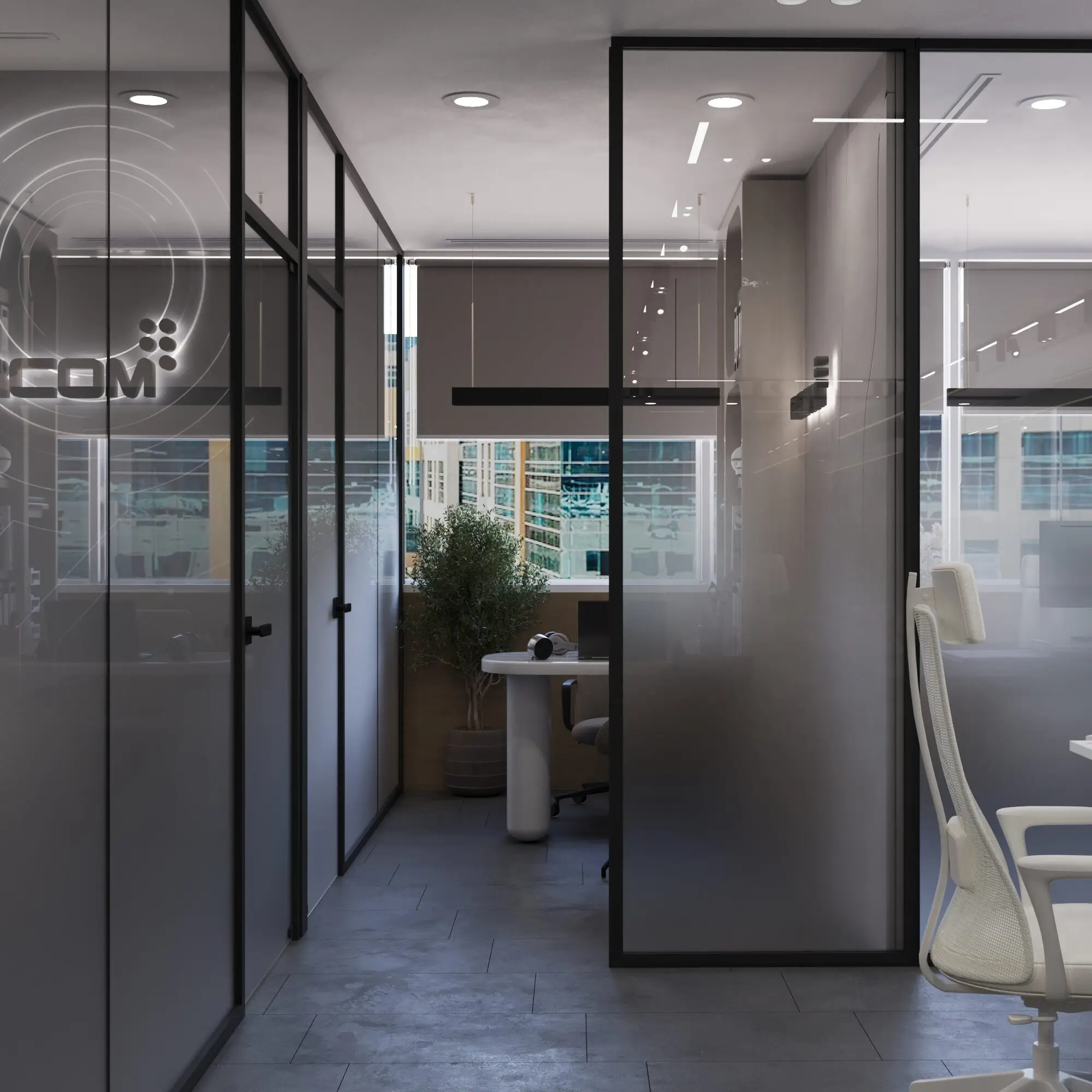 Emircom Bay Square – modern office concept designed for focus, collaboration, and everyday comfort. Contemporary Emircom office interior in Bay Square, Dubai – minimalist yet warm workspace with a neutral palette, rich material textures, glass partitions, and functional open-plan and meeting zones.