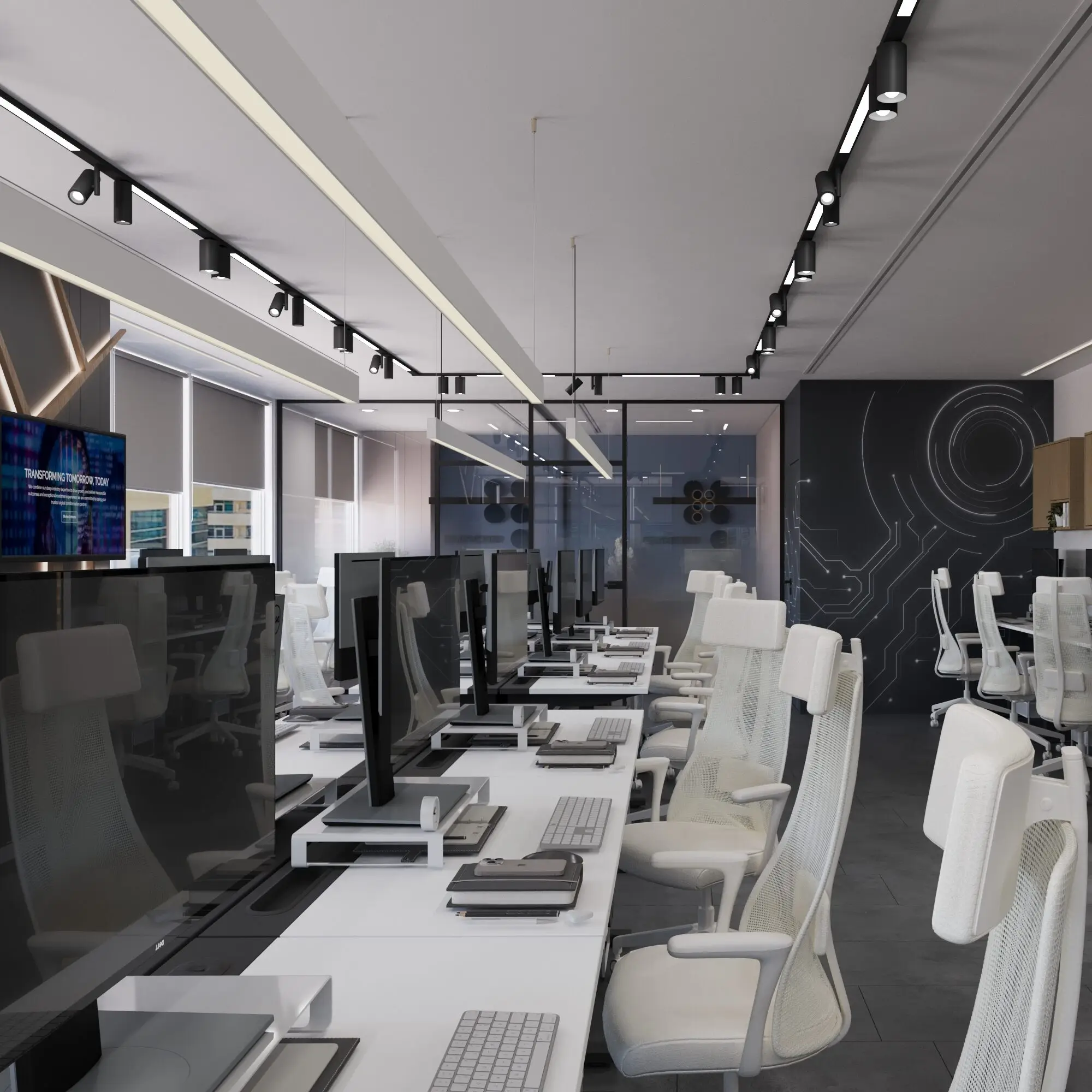 Emircom Bay Square – modern office concept designed for focus, collaboration, and everyday comfort. Contemporary Emircom office interior in Bay Square, Dubai – minimalist yet warm workspace with a neutral palette, rich material textures, glass partitions, and functional open-plan and meeting zones.