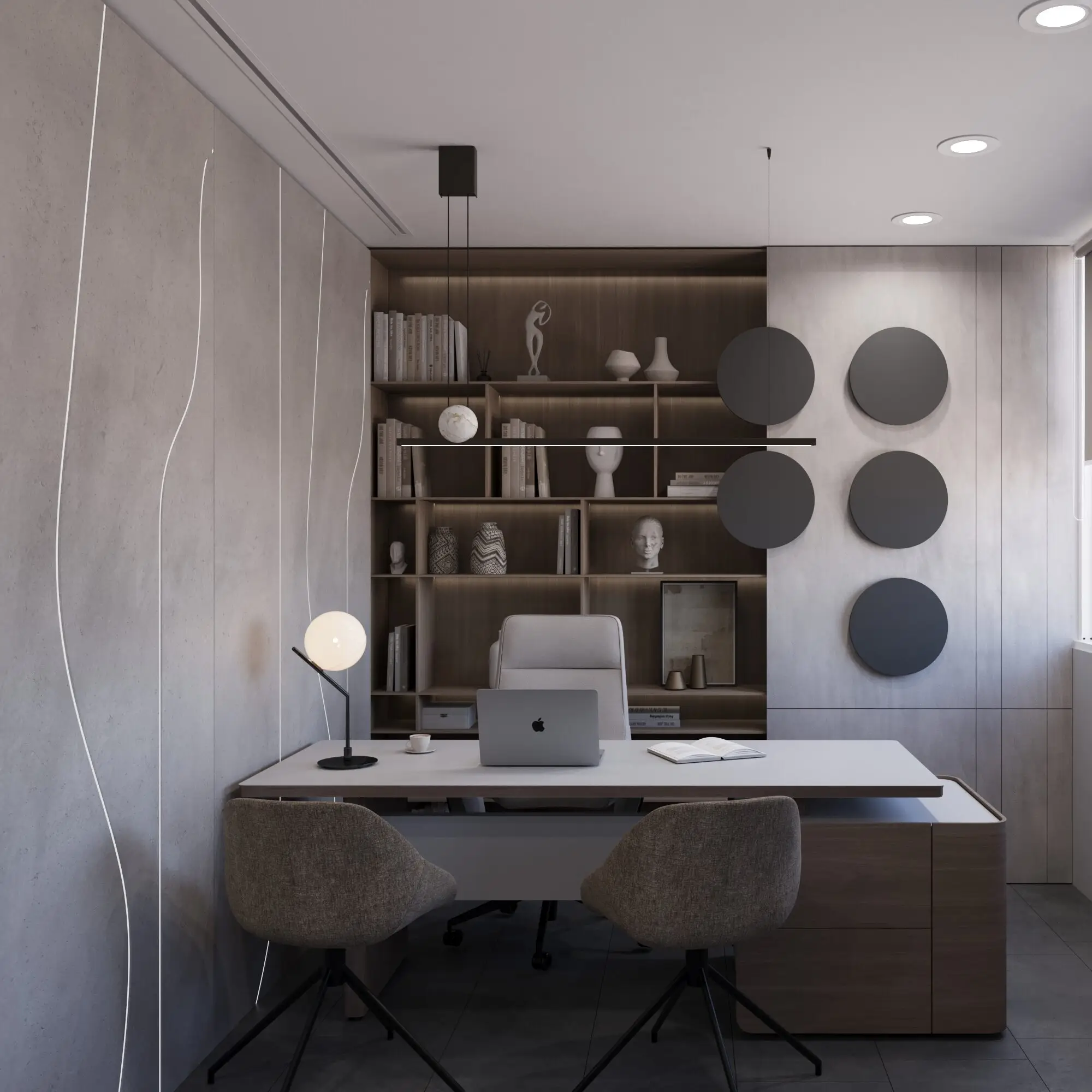 Emircom Bay Square – modern office concept designed for focus, collaboration, and everyday comfort. Contemporary Emircom office interior in Bay Square, Dubai – minimalist yet warm workspace with a neutral palette, rich material textures, glass partitions, and functional open-plan and meeting zones.