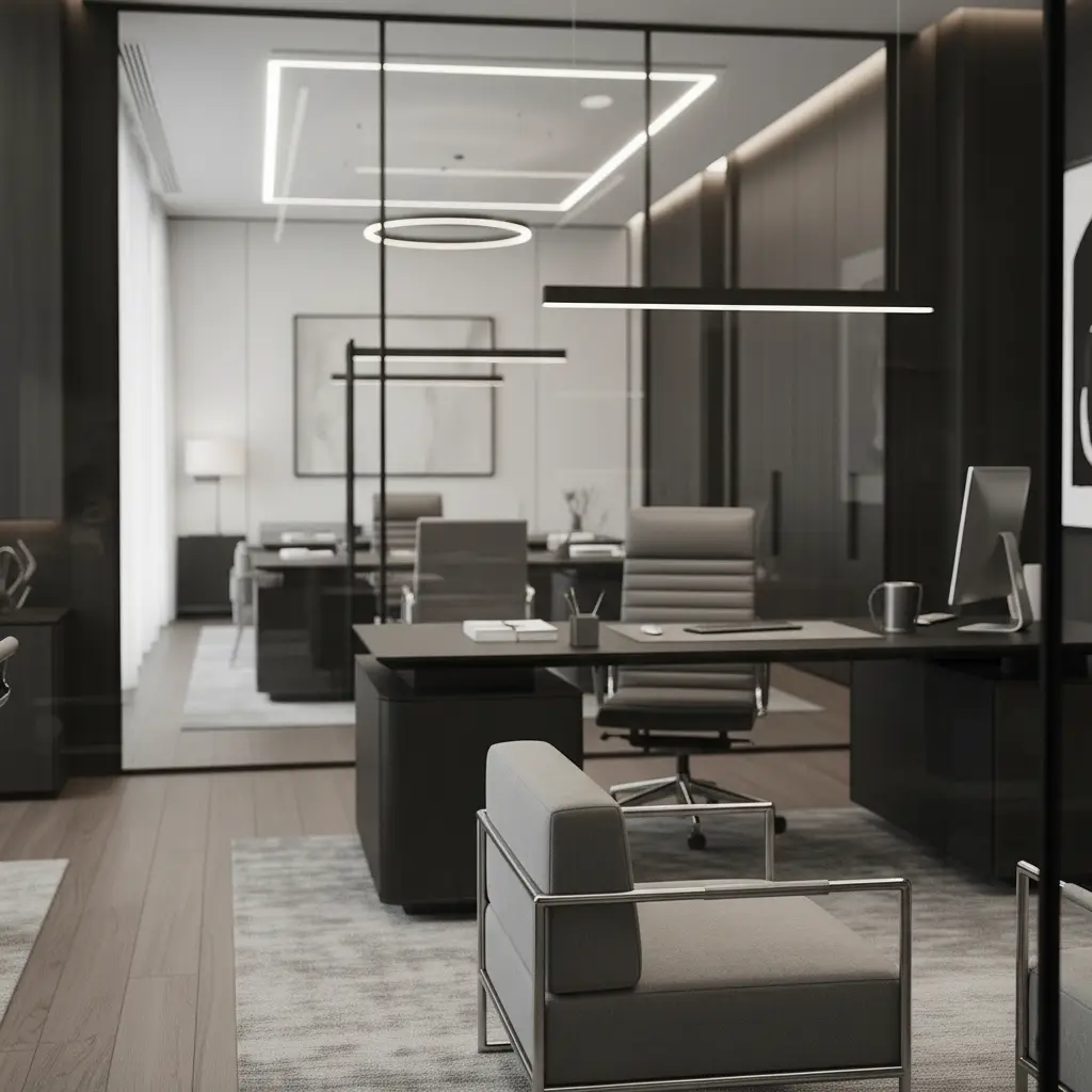 CEO office concept in Dubai Internet City – discreet luxury, clear zoning and an understated sense of authority. Contemporary CEO office in Dubai Internet City – executive work and meeting suite with a neutral palette, dark wall panels, glass partitions, linear ceiling lighting and refined modern furniture.