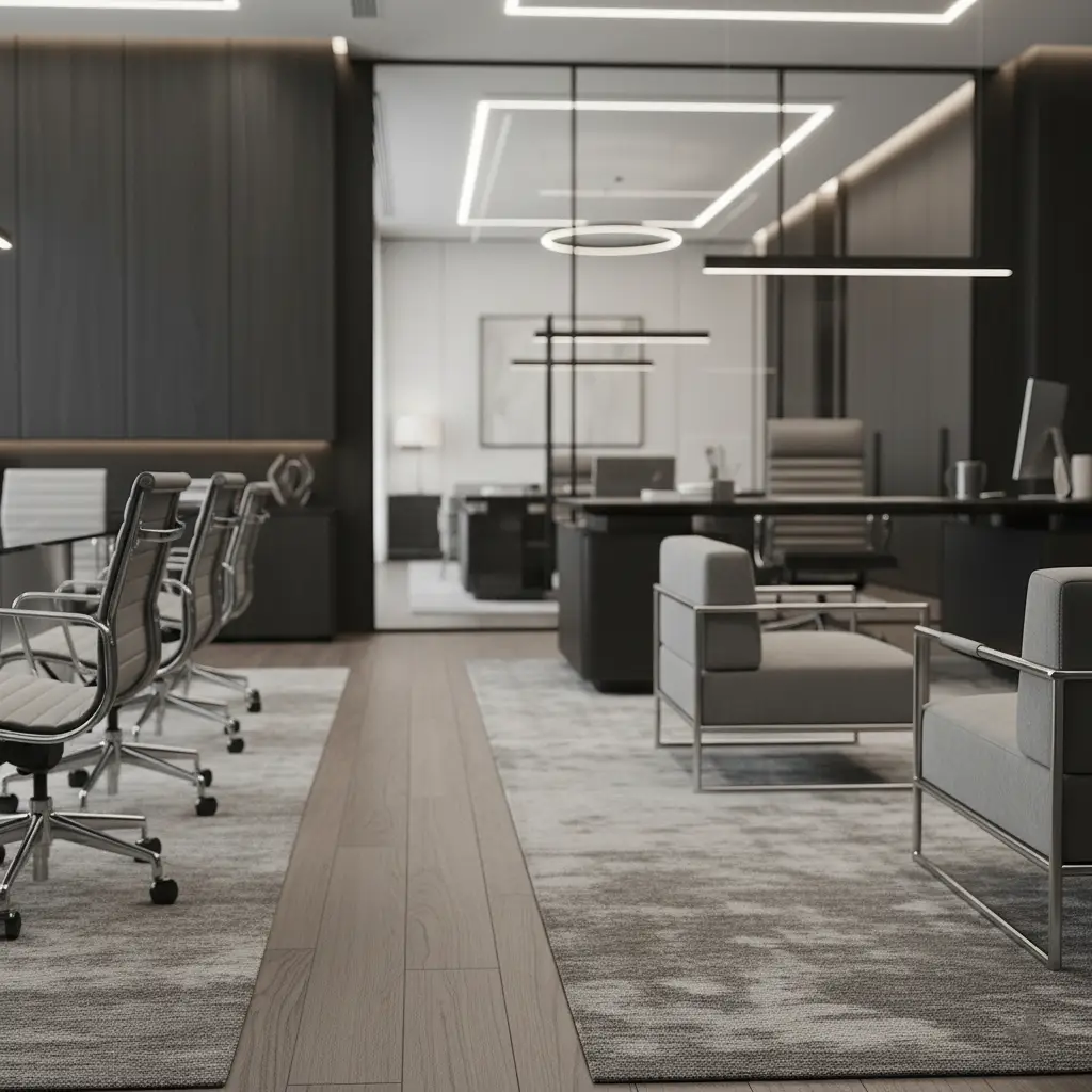 CEO office concept in Dubai Internet City – discreet luxury, clear zoning and an understated sense of authority. Contemporary CEO office in Dubai Internet City – executive work and meeting suite with a neutral palette, dark wall panels, glass partitions, linear ceiling lighting and refined modern furniture.