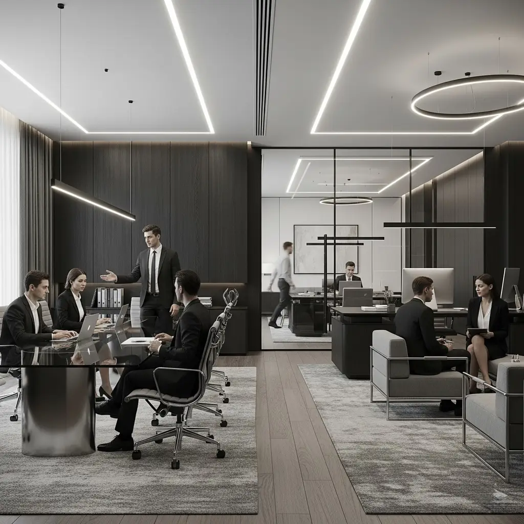 CEO office concept in Dubai Internet City – discreet luxury, clear zoning and an understated sense of authority. Contemporary CEO office in Dubai Internet City – executive work and meeting suite with a neutral palette, dark wall panels, glass partitions, linear ceiling lighting and refined modern furniture.