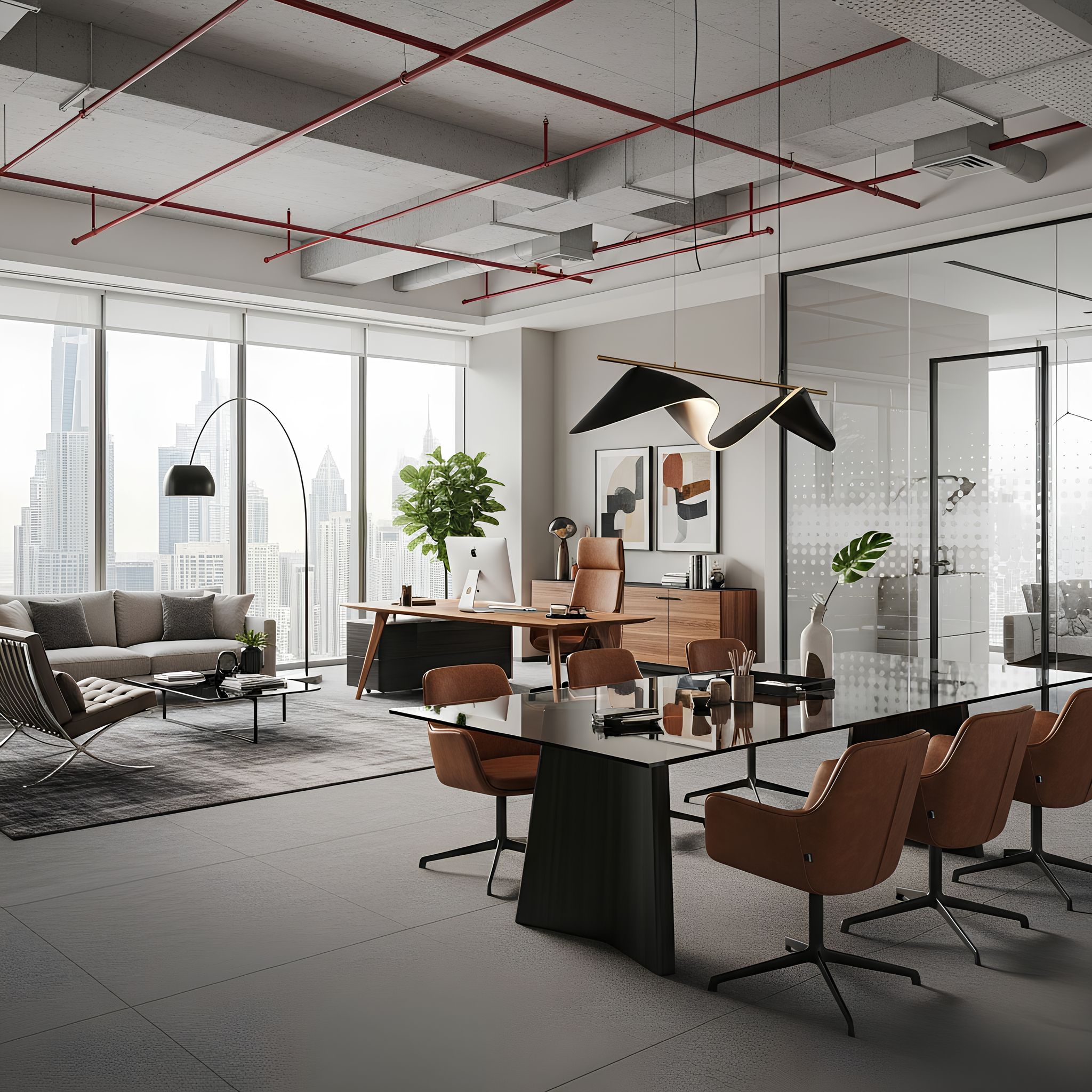 CEO office concept – calm, authoritative space with discreet luxury and clear work zoning. Luxury CEO office in Dubai Internet City with an executive desk, meeting corner, glass partitions, warm wood textures and a refined neutral palette.