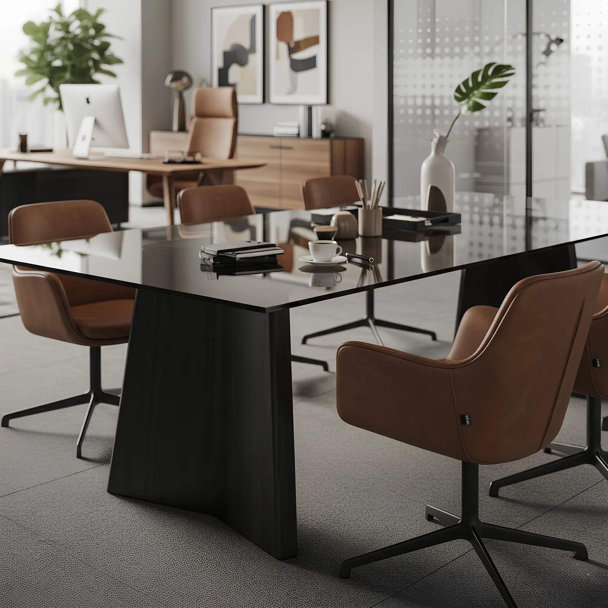 CEO office concept – calm, authoritative space with discreet luxury and clear work zoning. Luxury CEO office in Dubai Internet City with an executive desk, meeting corner, glass partitions, warm wood textures and a refined neutral palette.