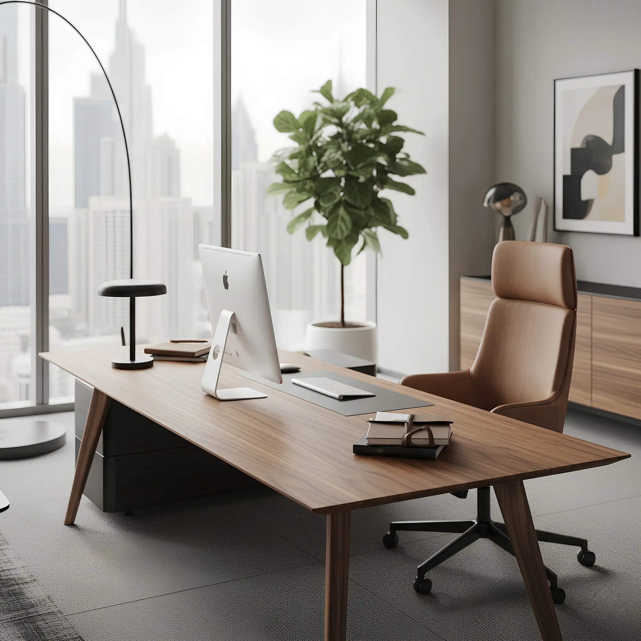 CEO office concept – calm, authoritative space with discreet luxury and clear work zoning. Luxury CEO office in Dubai Internet City with an executive desk, meeting corner, glass partitions, warm wood textures and a refined neutral palette.