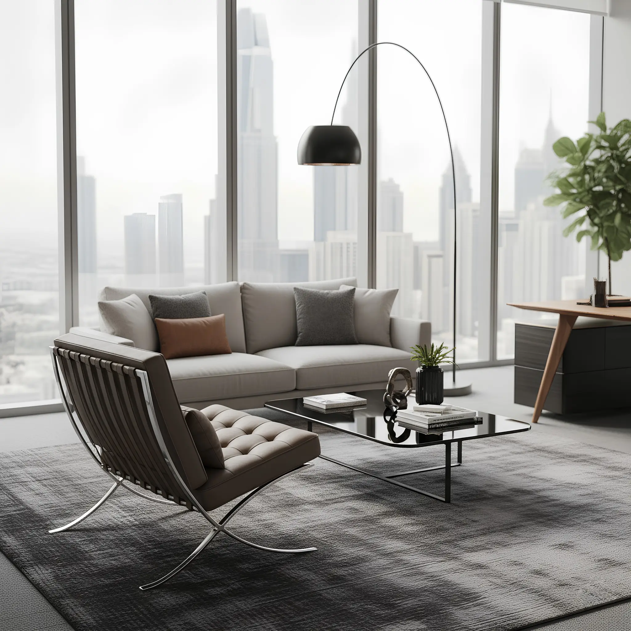 CEO office concept – calm, authoritative space with discreet luxury and clear work zoning. Luxury CEO office in Dubai Internet City with an executive desk, meeting corner, glass partitions, warm wood textures and a refined neutral palette.