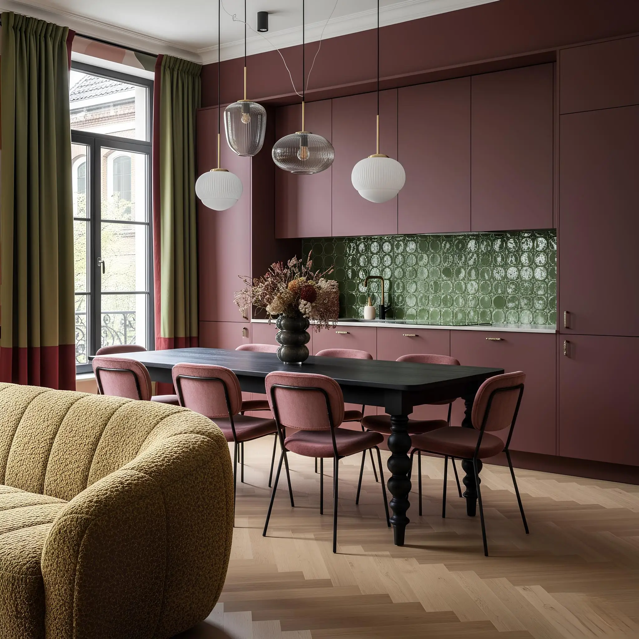 Paris Inspired Interior Design – Luxury Apartment Dubai Downtown Dubai Downtown apartment interior with Parisian chic design and bold accent wall. Kitchen