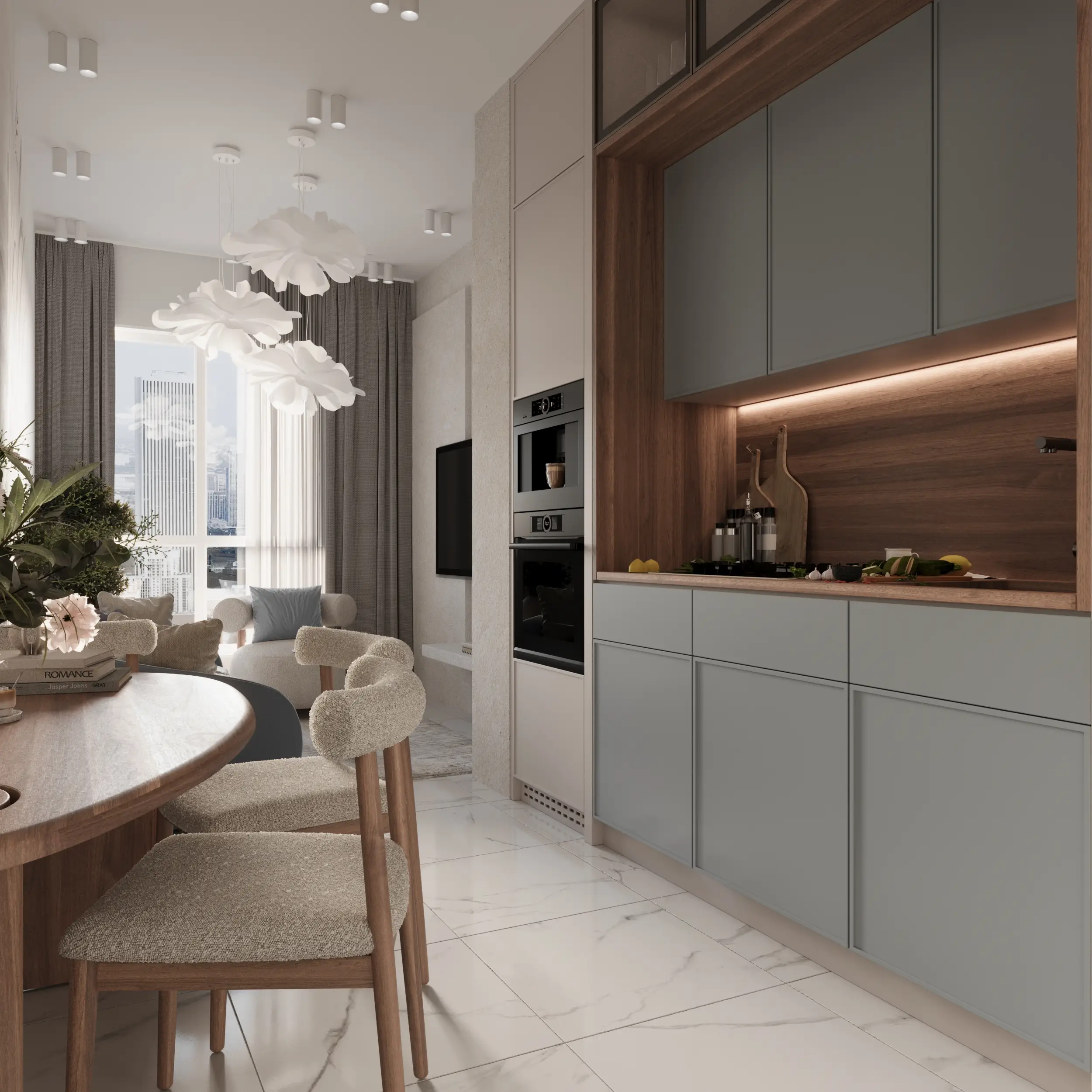 View 4 Small Space Luxury Apartment Interior in Dubai. Soft Modern design.