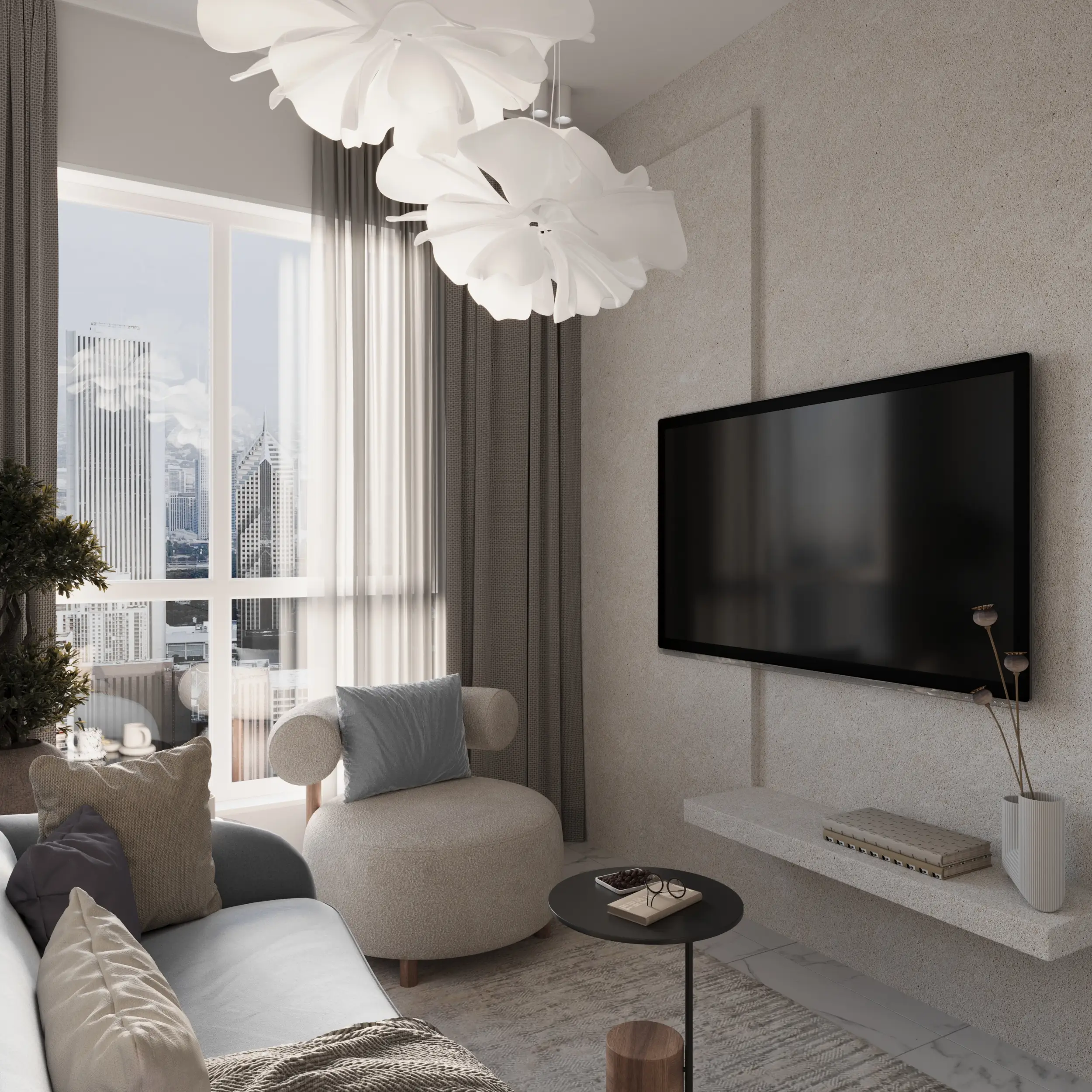 View 9 Small Space Luxury Apartment Interior in Dubai. Soft Modern design.