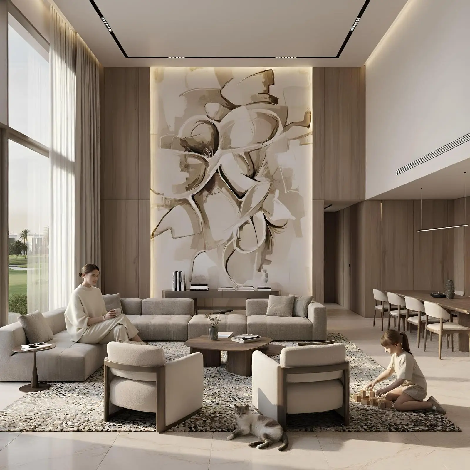 Dubai Hills Custom Villa: Luxury Living Room Interior by Kate Interiors Luxury Villa Interior Design Dubai Hills. Modern Custom Living Room with abstract wall art.