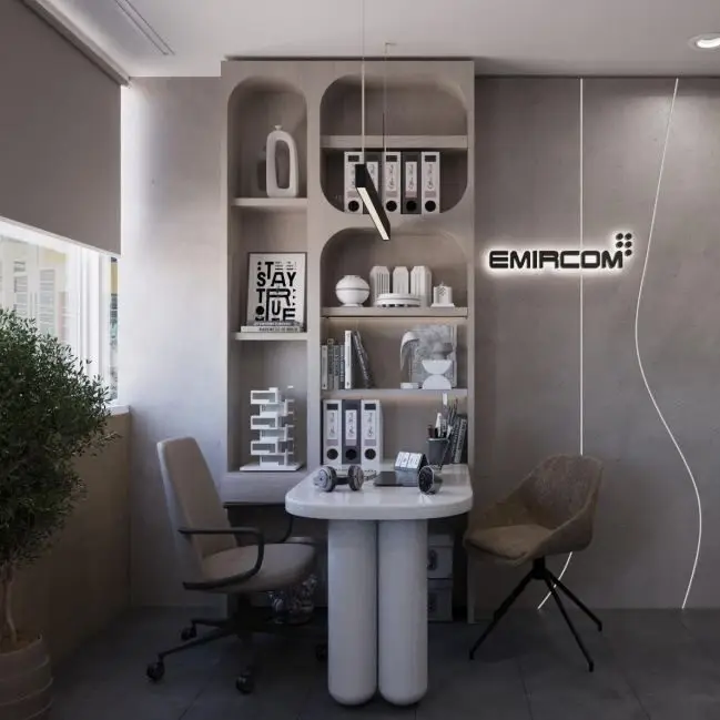 viber_image_2025-11-24_16-12-47-241 Contemporary Emircom office interior in Bay Square, Dubai – minimalist yet warm workspace with a neutral palette, rich material textures, glass partitions, and functional open-plan and meeting zones.